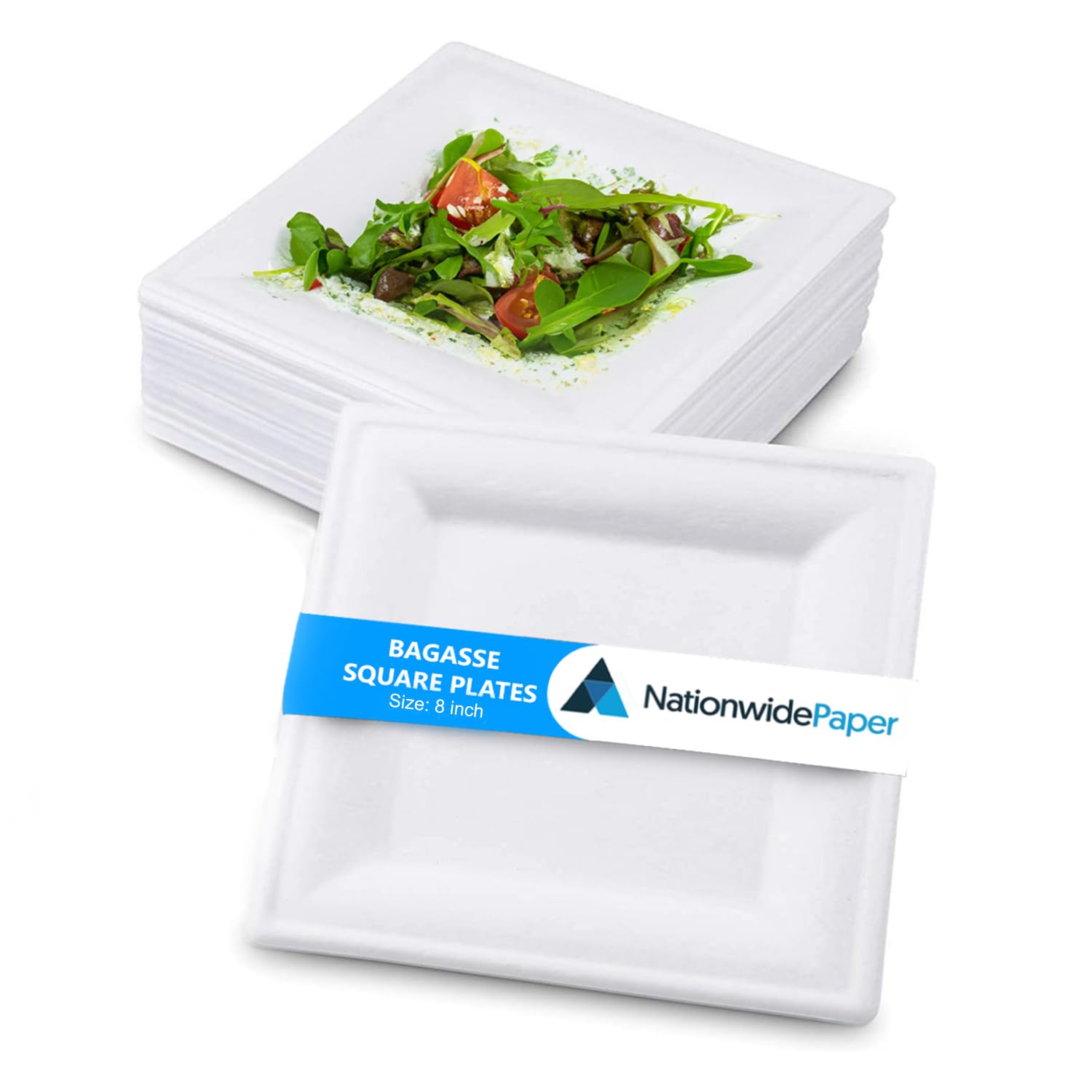Nationwide Paper 8 Inch Disposable Plates, Square White Biodegradable Paper Plates, Reusable Super Rigid Takeaway Bagasse Sugar Cane Strong Party Plates (500 Pcs)