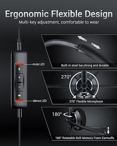 Miniatura 10 de Auriculares USB con micrófono para PC portátil  Auriculares con chip AI Cancelación de ruido para computadora, auriculares de centro de llamadas de