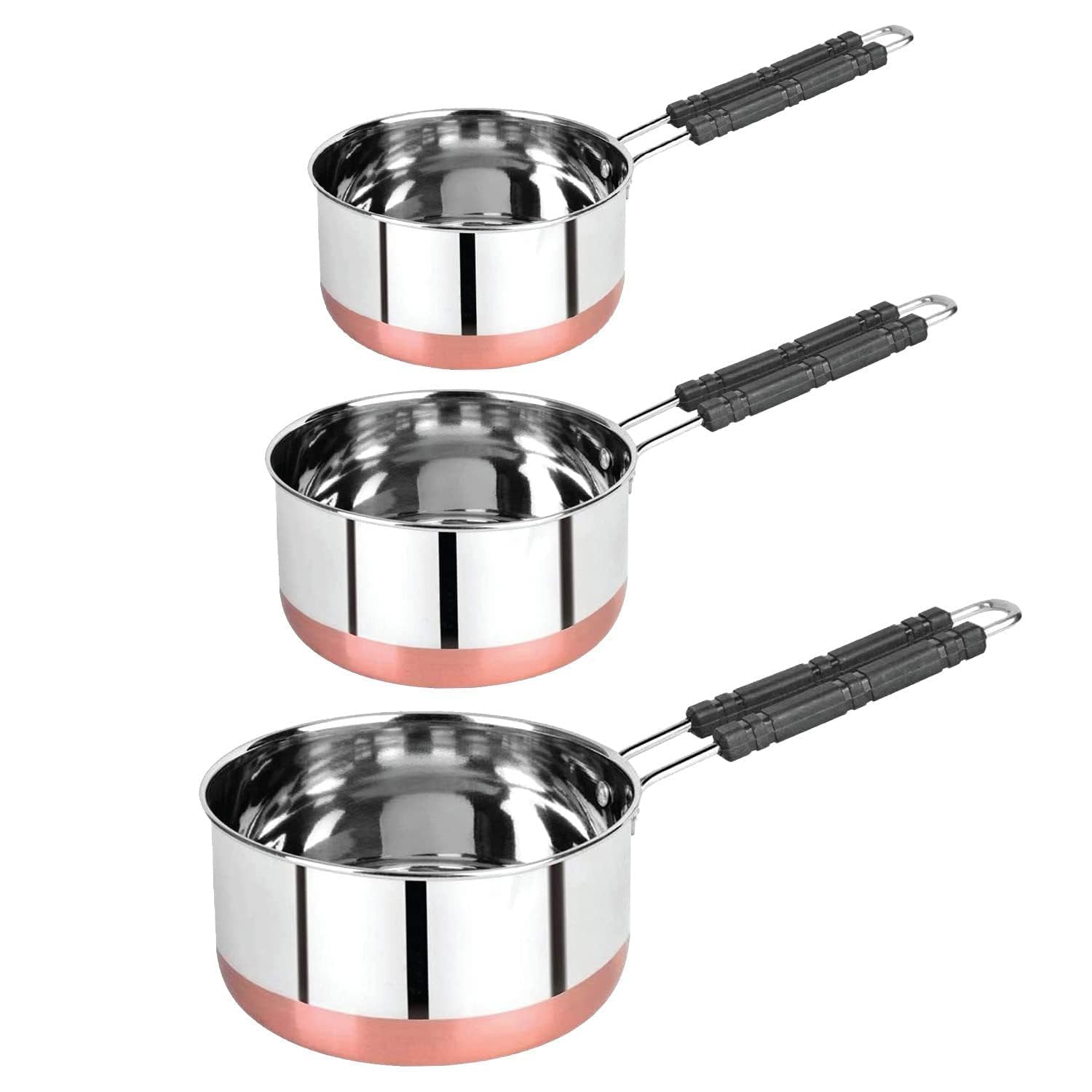 3 Piece Stainless Steel Copper Bottom Sauce Pan Set Heavy Duty Milk Tea Pan with Heat-Resistant Handle for Gas Stove Cookware Set (1L, 1.5L, 2L)