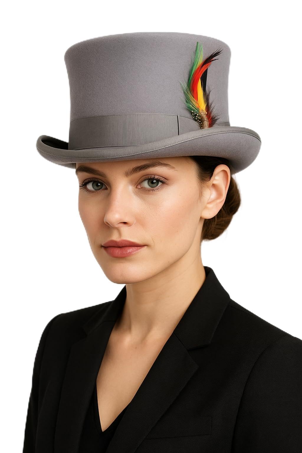 Novella Noori Handmade Wool Felt Top Hat - Wool, Satin Lined Water-Repellent Top Hats with Removable Feather - Women and Mens Tophat for Weddings, Parties or Vintage Costumes (UK, XL, Grey)