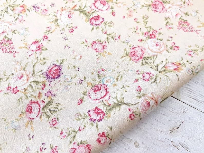 Rose & Hubble Dusky Ivory Floral Print 100% Cotton Woven Cotton Poplin Vintage Style Fabric for Crafting, Quilting, Home Décor & Dressmaking