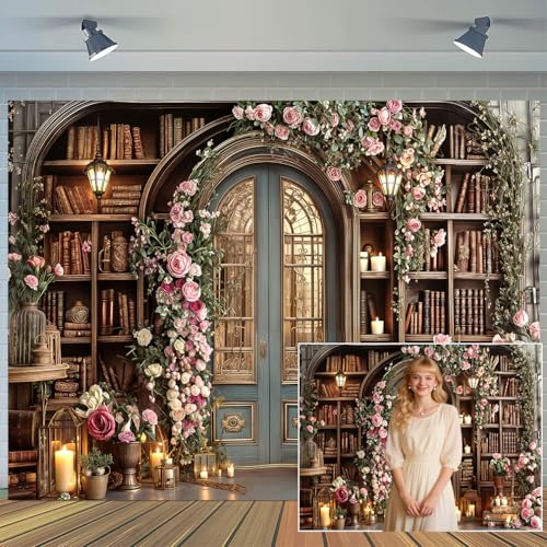 10X8FT Vintage Bookshelf Arch Backdrop Grimoire Floral Magic Bookcase Photography