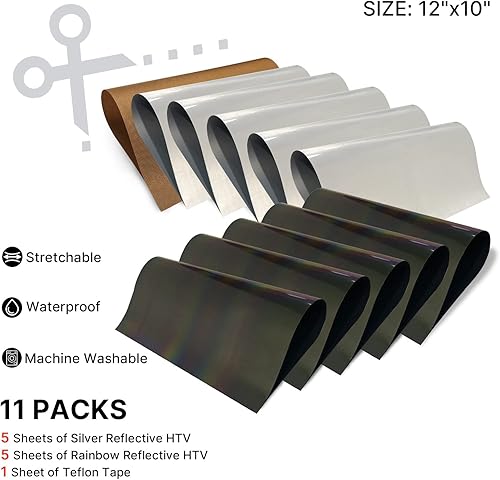 Miniatura 6 de Hojas de vinilo reflectante de transferencia de calor arcoíris HTV 11 paquetes de 12 x 10 pulgadas, vinilo reflectante blanco para planchar para