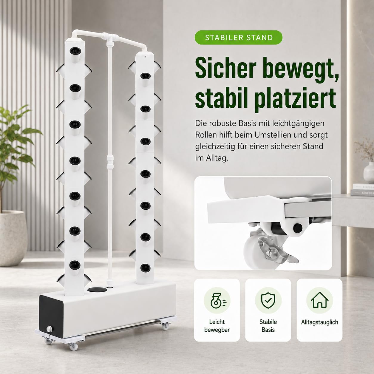 Sistema hidropónico de 56 agujeros, sistema de cultivo hidropónico vertical, torre hidropónica, riego automático, juego de hidroponía con depósito de agua de 30 l y ruedas (blanco)
