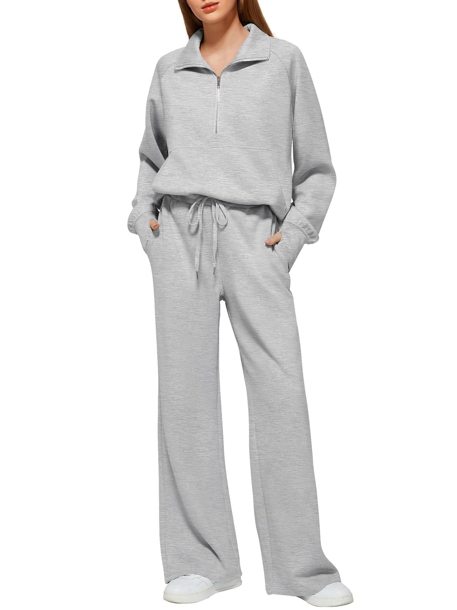 Set da 2 Pezzi da Donna Felpa con Mezza Zip e Pantaloni della Tuta a Gamba Larga Abito Casual Homewear Felpa Abbigliamento da Viaggio
