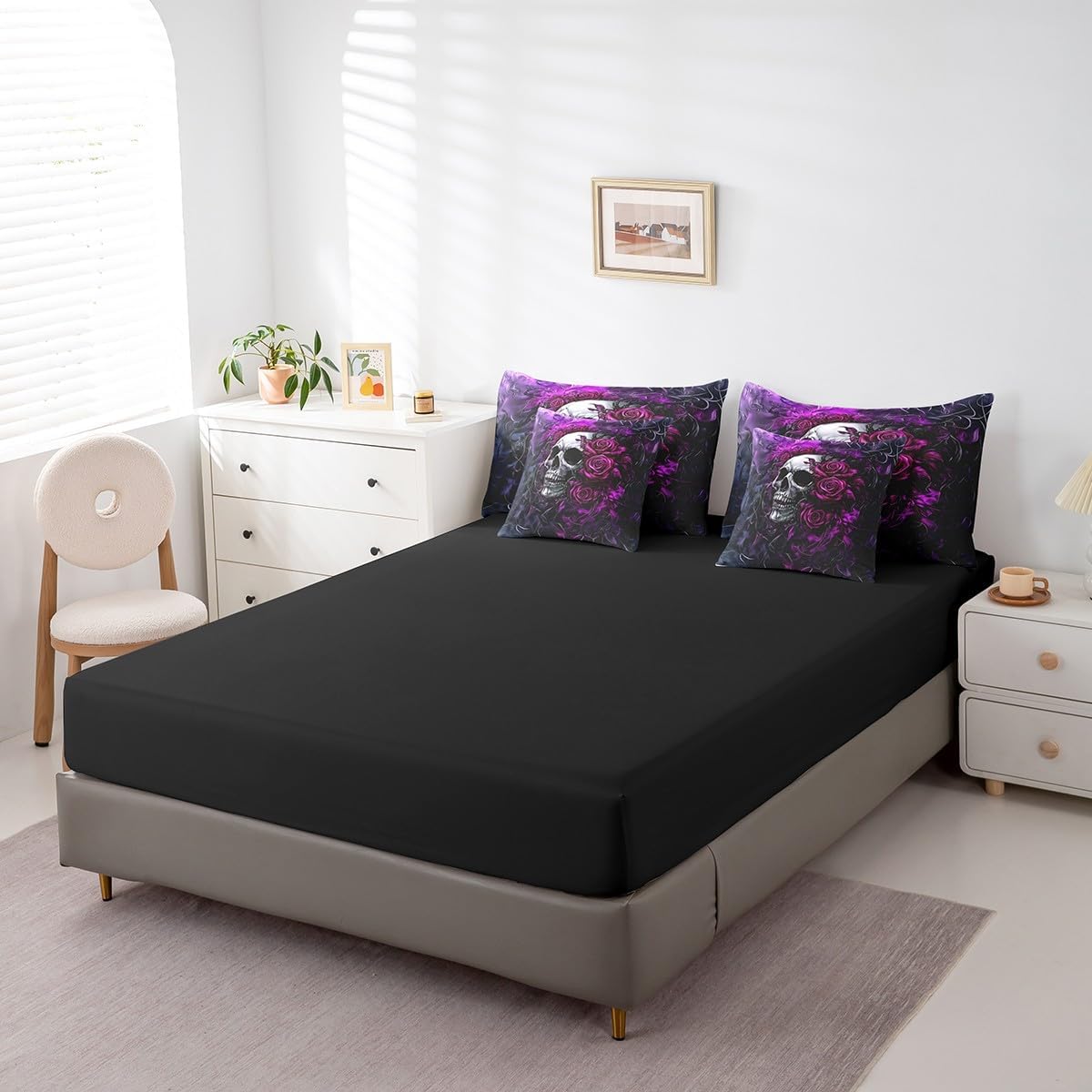 Feelyou Sugar Skull Comforter Set with Sheets Purple Blue Rose 7 Piece Bedding Set Queen Size for Kids Gothic Skull Bed in a Bag Scary Bed Set - Image 5