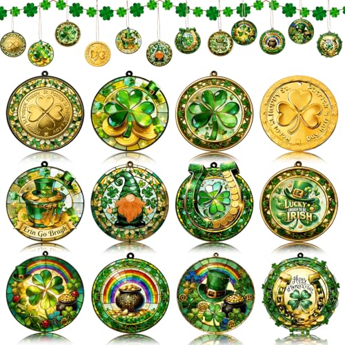 12Pcs St. Patrick's Day Ornament Decorations Irish Wooden Ornament Circular Lucky Shamrock Ornaments with Gold Coin Clover Rainbow Hat Tree Hanging Ornaments Set Decoration for Saint Patrick's Party