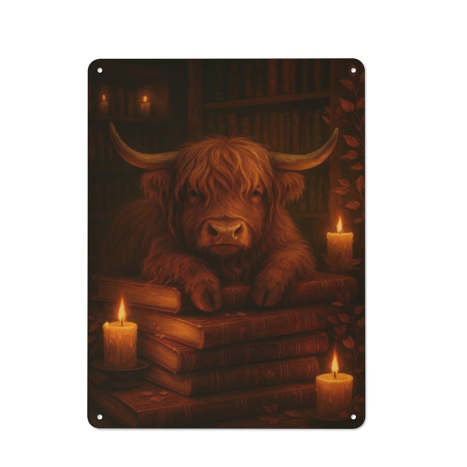 Junmoney Style-18 Highland Cow Resting On Books Tin Wall Plaque 40X30cm, Rustic Cottage Wall Art For Dining Room, Cafe, Entryway Or Family Room