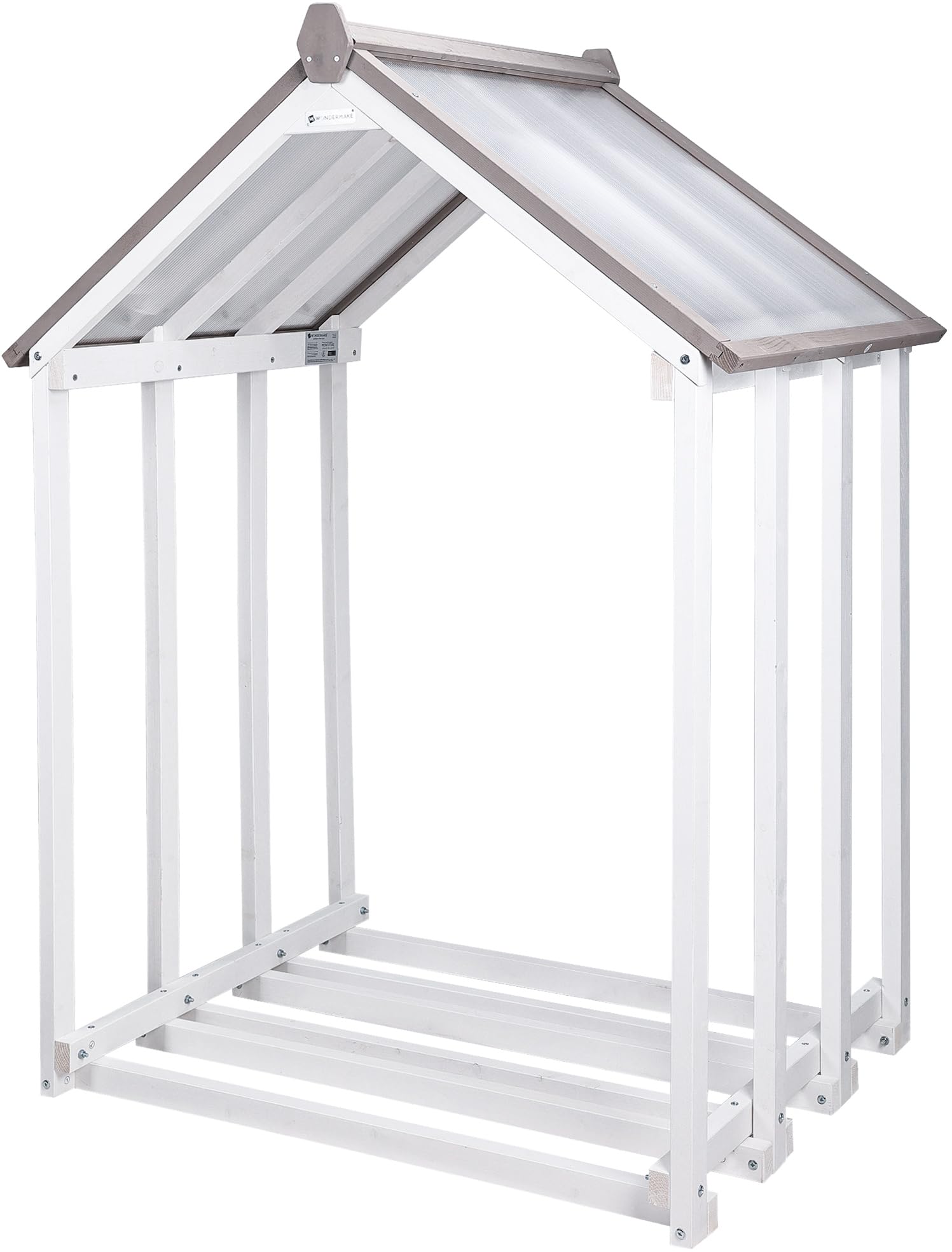 Design Kaminholzregal aus Holz mit Dach außen, Brennholzregal Holzlager-Regal Feuerholzregal Kaminholzunterstand Kaminholzlager klein Brennholzlager draußen Outdoor, 1,8 SRM, weiß grau