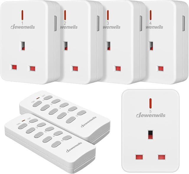 DEWENWILS Remote Control Plug Socket, 13A/3120W Heavy Duty Wireless Light Switch, 30m/100ft Long Range, Programmable, CE and RoHS Listed, 5 Pack Sockets and 2 Remotes