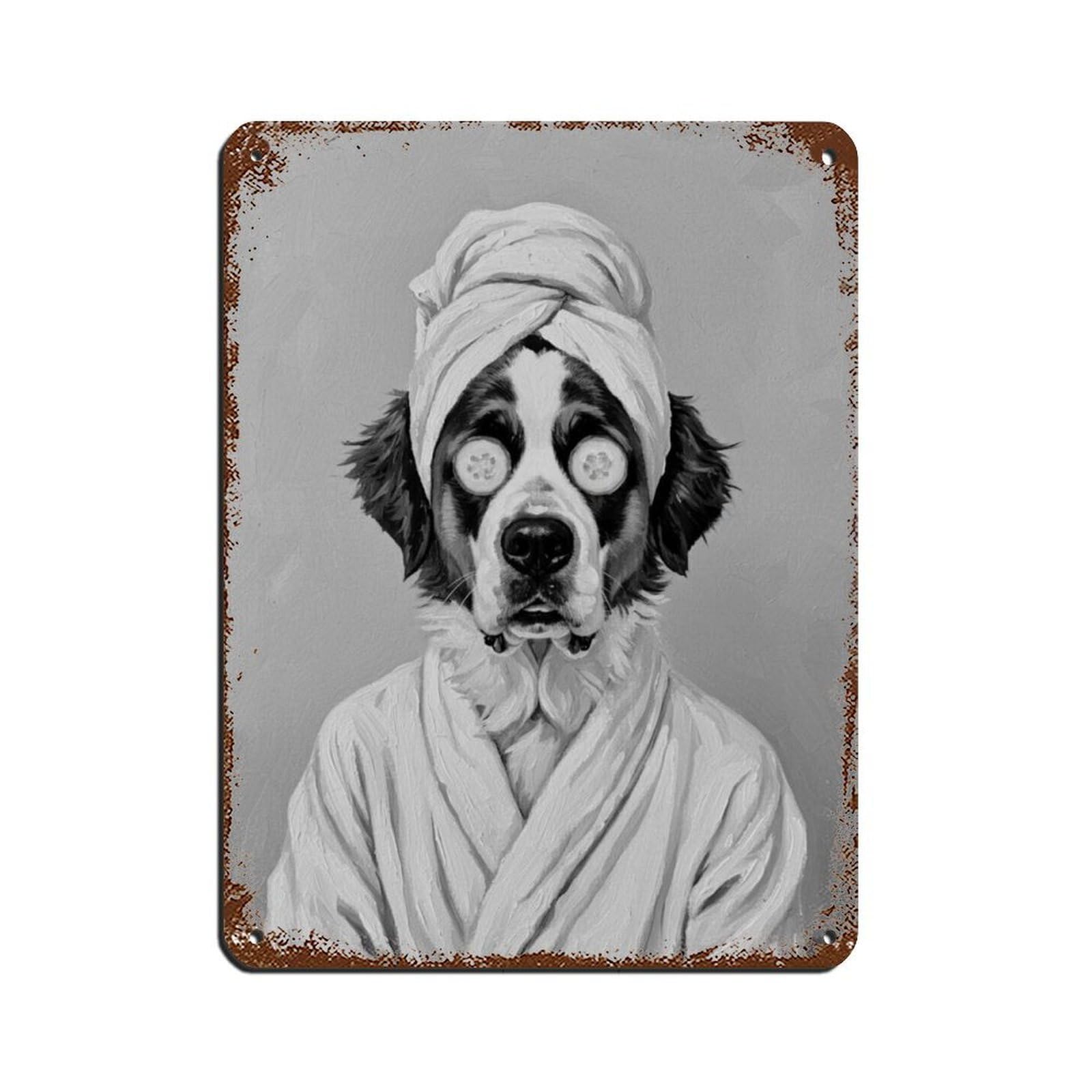 Dog in Bathrobe Headwrap And Cucumber Slices on Eyes Tin Sign Vintage Metal Pub Club Cafe Bar Home Wall Art Decoration Poster Retro 12x16inch(30x40cm)