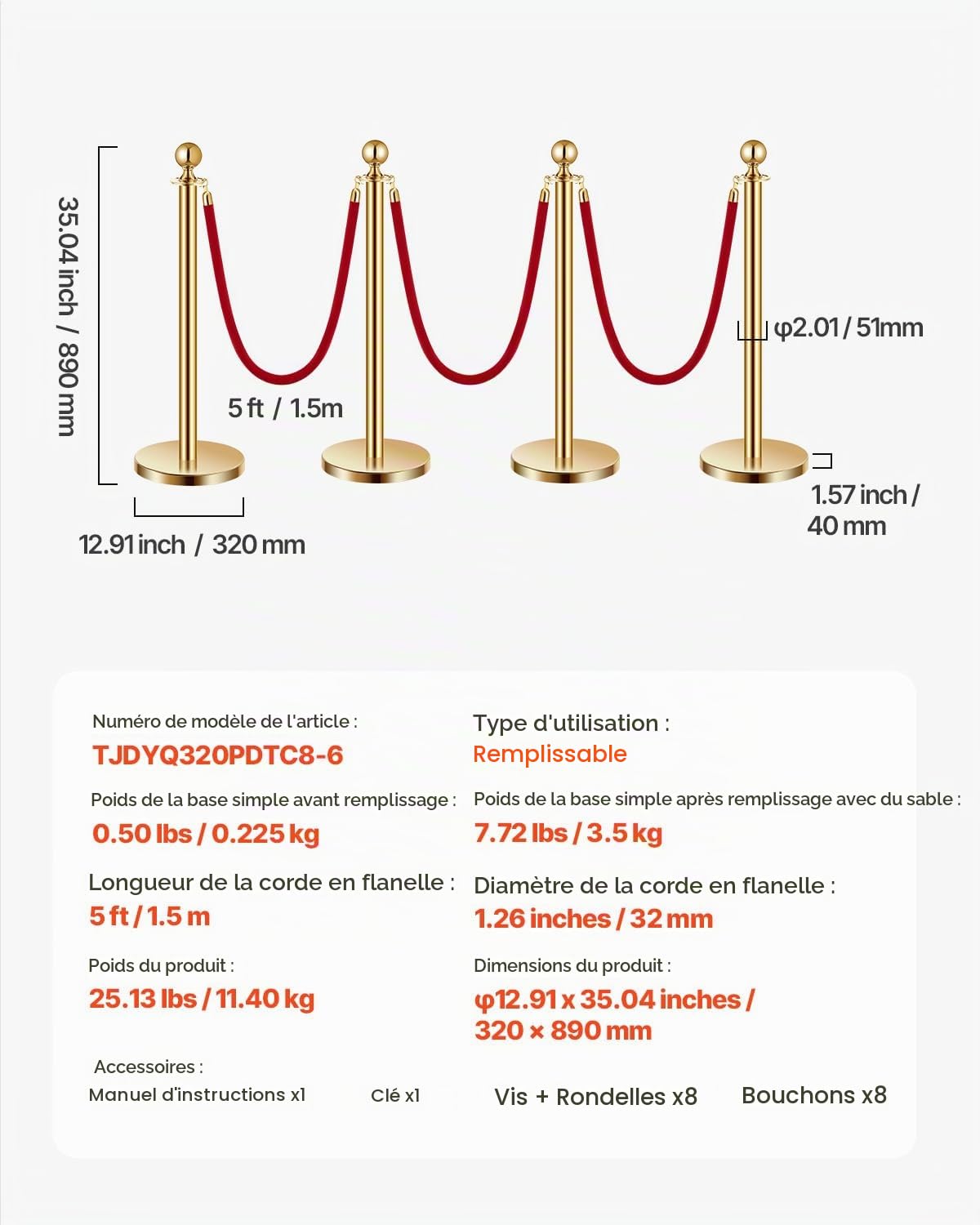 VEVOR Poteau de guidage, 8 pcs, barrière de balisage pour contrôle de foules, avec base creuse, 6 cordes velours rouge et poteaux dorés en acier inoxydable, pour file d'attente en public, hôtel, fête