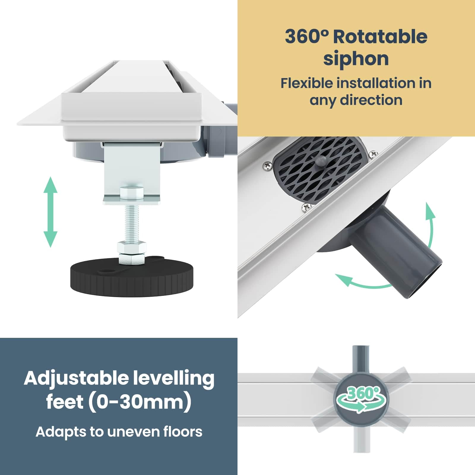 vidaXL Scarico Doccia 2-in-1 con sifone a 360° Argento 100 cm, Ristrutturazione Bagno, componente Doccia Moderno, Installazione Scarico Rettangolare per drenaggio e impianto Idraulico
