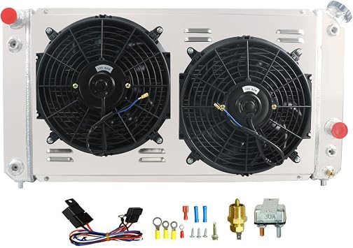 All Aluminum Radiator for 1994-2005 Chevy S10 Blazer 1500 Truck GMC Jimmy LS 4.3L V6, 3 Row Core Radiators with Electric Fan Shroud Thermostat Kit Combo