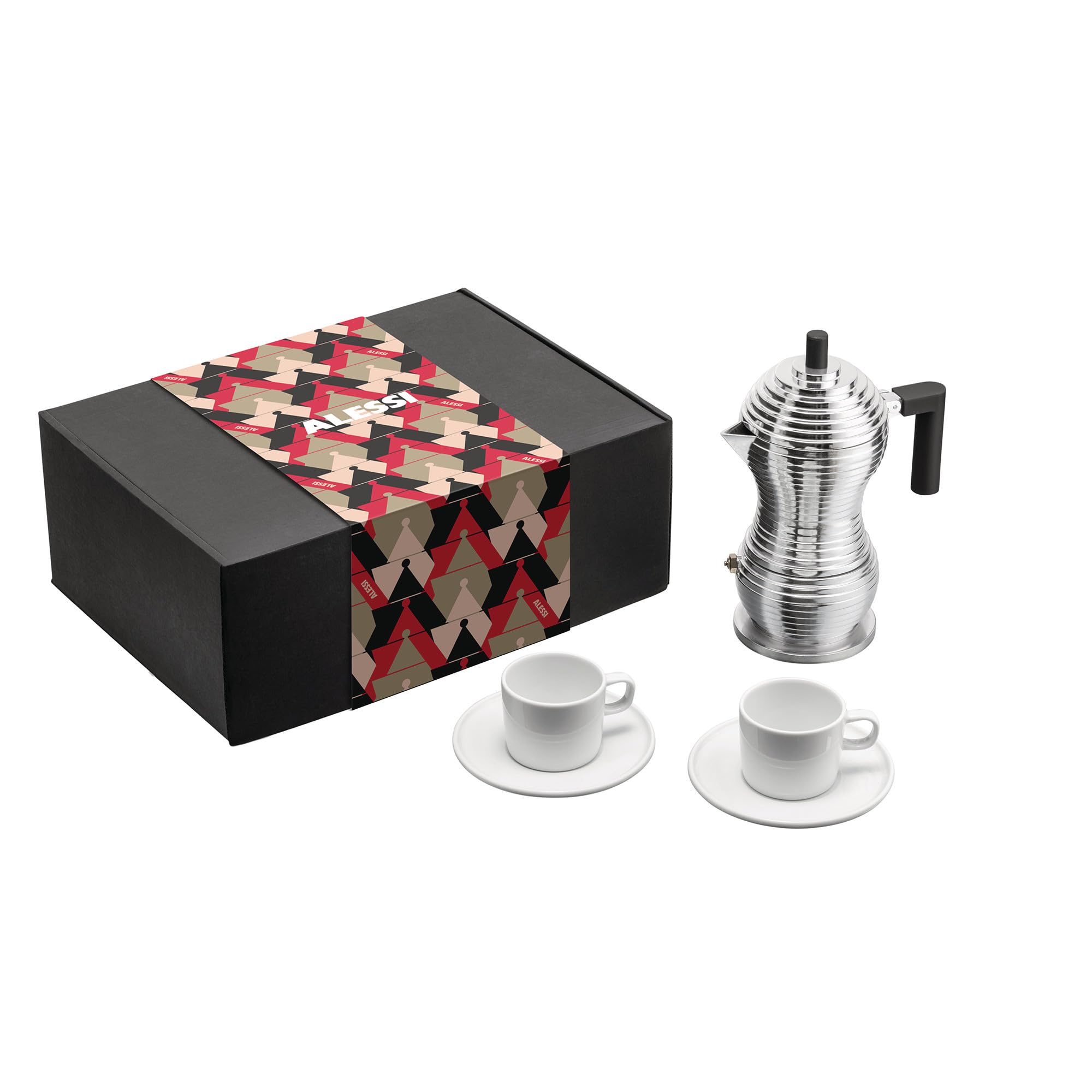 Alessi Pulcina, set cafetière moka, 2 tasses avec soucoupe, multicolore