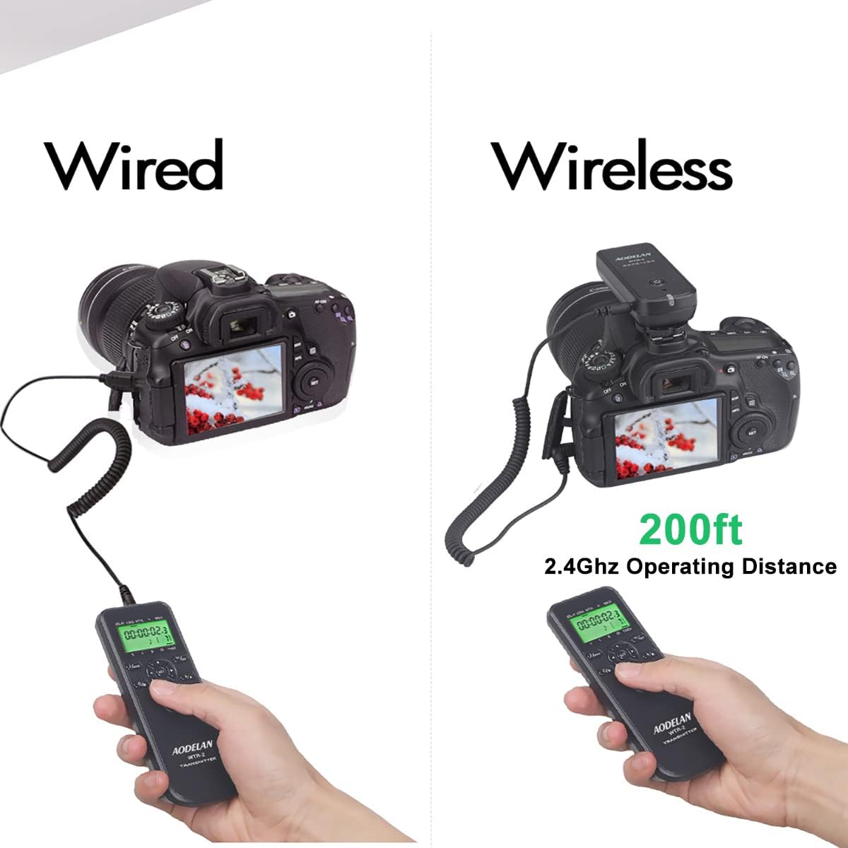 Comparison of wired and wireless connection for the AODELAN WTR-2 remote.