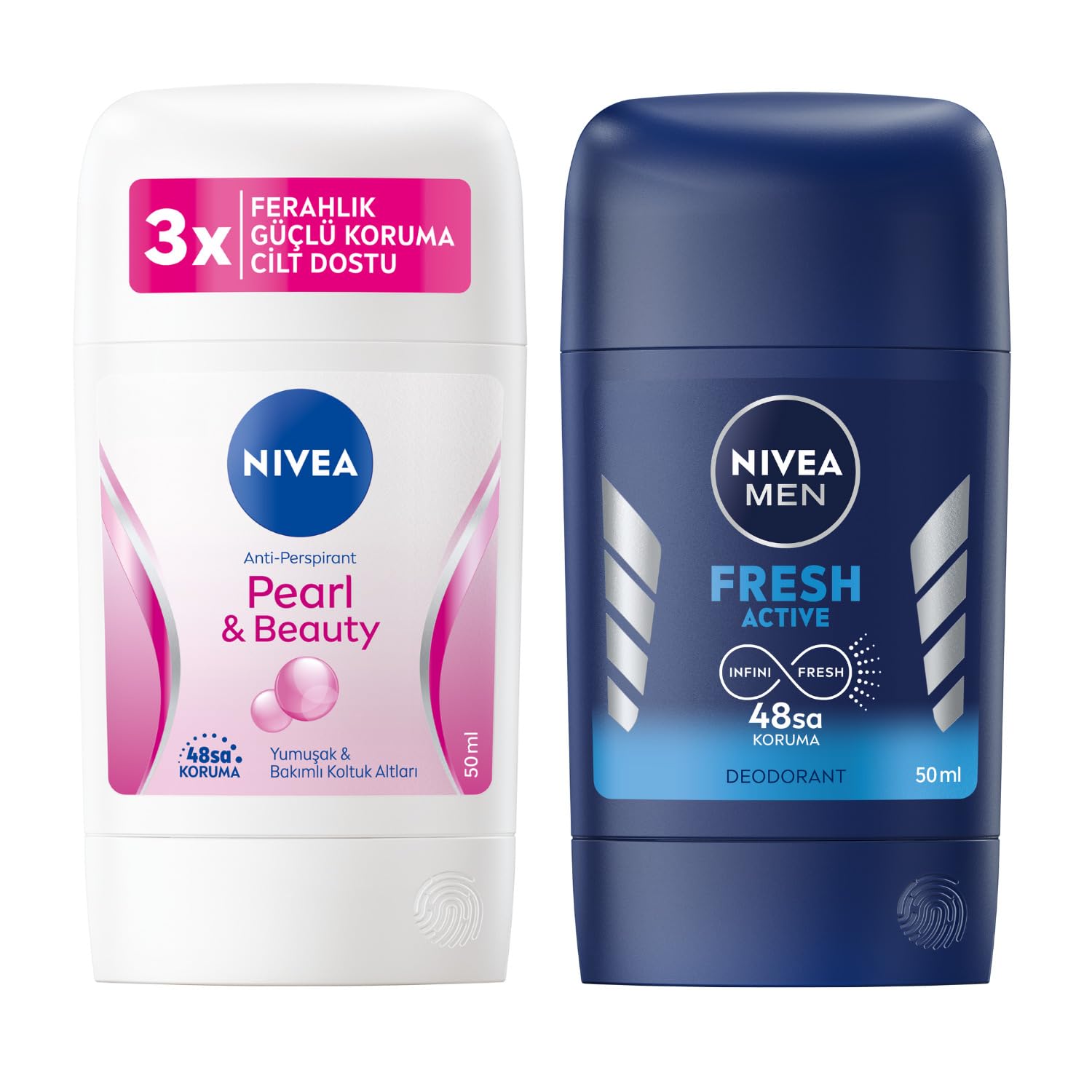 NIVEA Kadın Stick Deodorant Pearl&Beauty,48 Saat Anti-perspirant Koruma 50ml ve NIVEA Men Erkek Stick Deodorant Fresh Active Ter ve Ter Kokusuna Karşı 48 Saat Deodorant Koruması, 50 ml