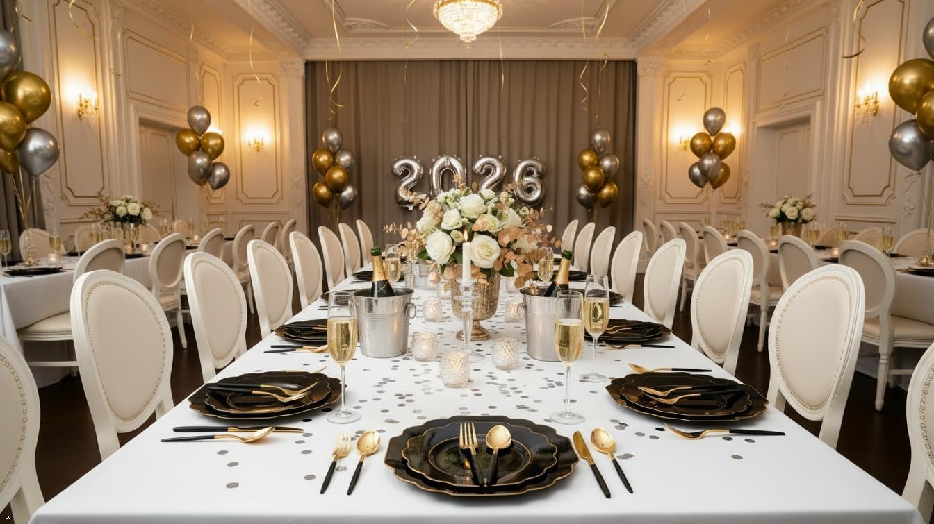 Supernal Baroque Black and Gold Plastic Plates (60 Packs) - Heavy-Duty Dinner & Salad Plates Set | Elegant China-Like Finish for Wedding, Graduation & Noir Theme Party