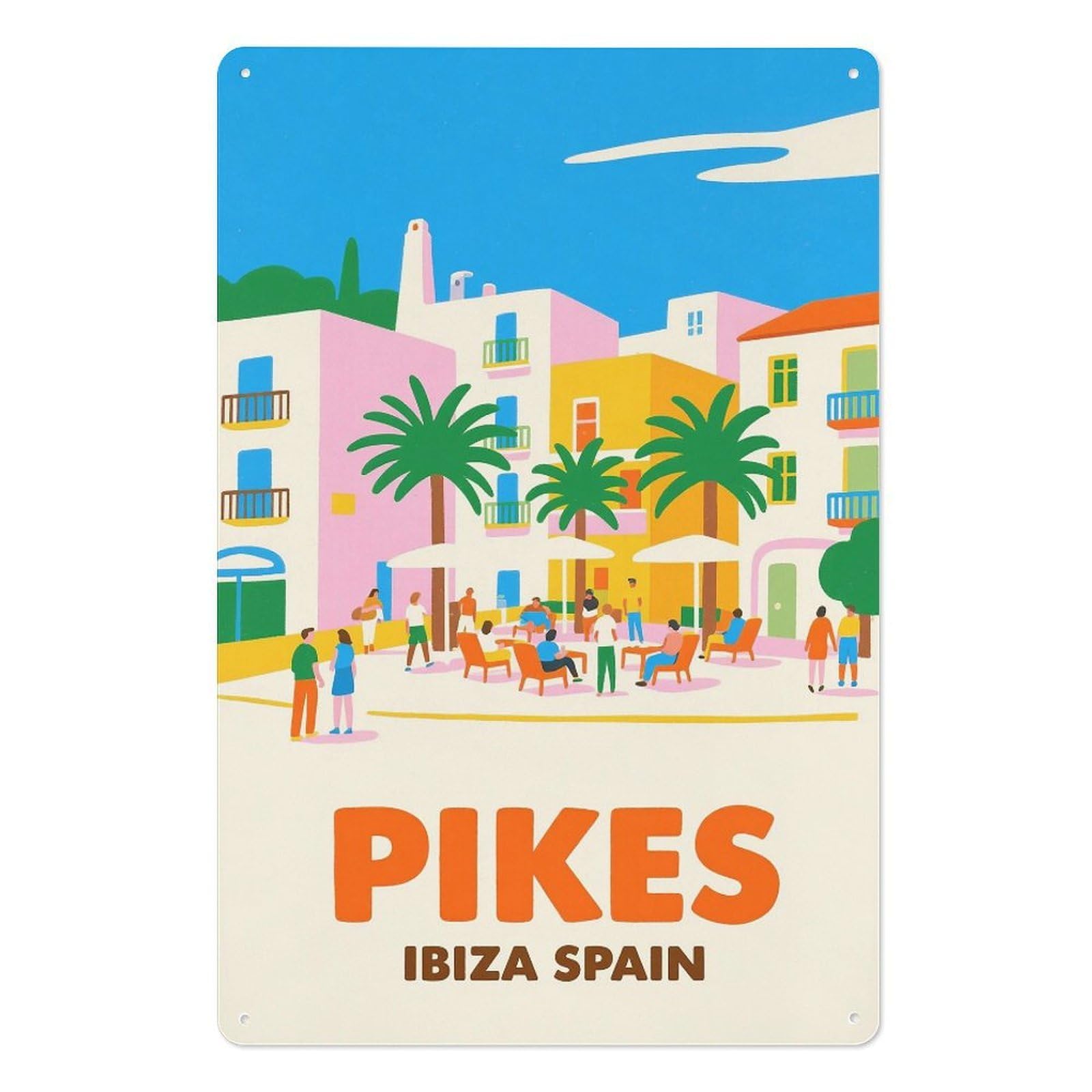 Pikes Ibiza Spain Retro Design Tin Paintings Vintage Tin Sign 08x12inch(20x30cm) Wall Art for Home Office Bedroom Living Room Cafes Wall Decor
