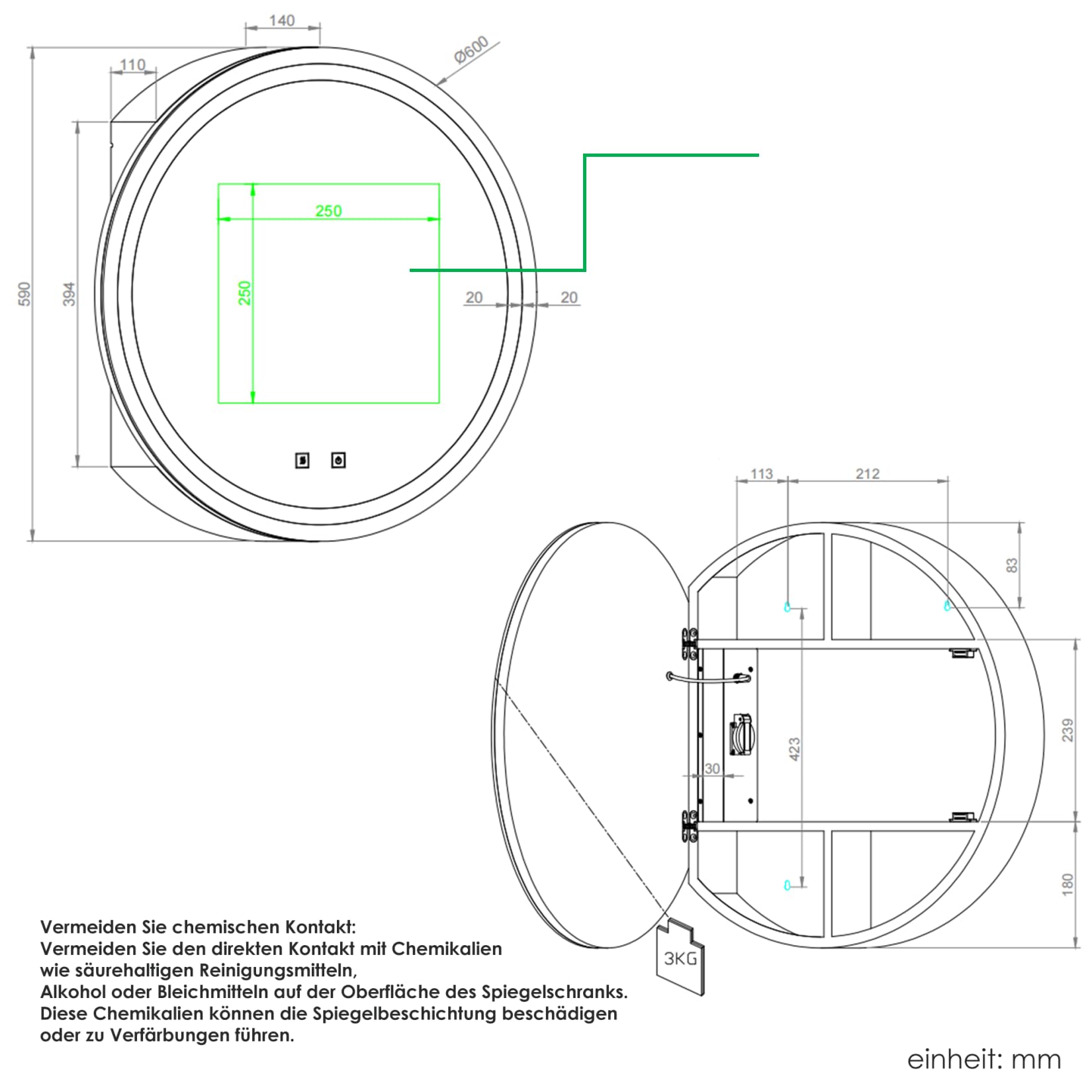 Szafka łazienkowa z lustrem, metalowa szafka z lustrem LED, czarna, z przełącznikiem dotykowym, 3 regulowane kolory światła, bez zaparowania, średnica 60 cm, okrągła