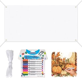 Große Leere Banner Selbst Gestalten, 200X100cm Weiß Polyester Banner Personalisiert mit 8-Farbigen Textilstiften und 6m Aufhängeseil, Leinwand zum Bemalen für Geburtstags und Partys