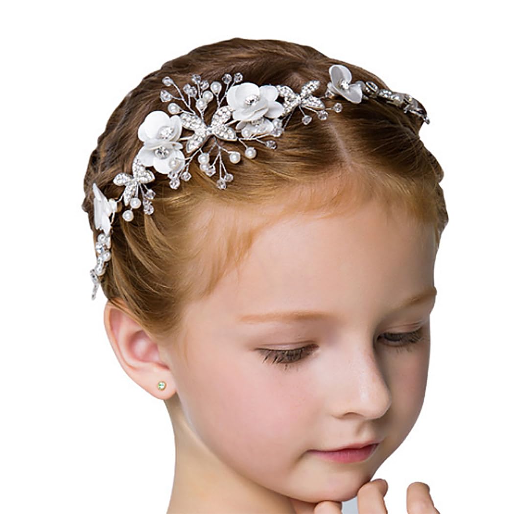 Princess White Flower Headpiece Pearl Hair Dress Crystal Bridal Wedding Hair Accessories for Girls