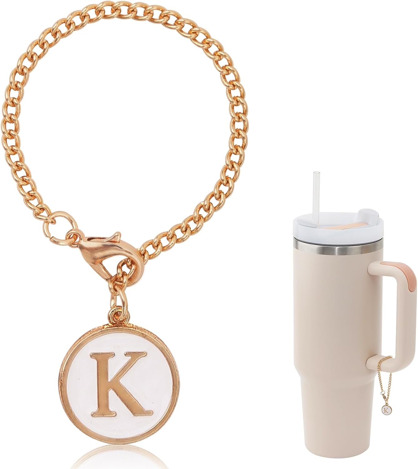 Letter Charm Accessories For Stanley Cup,Gold Initial Chain Water Bottle Name Id Charms for Tumbler,Yeti, Simple Modern Cups Handle