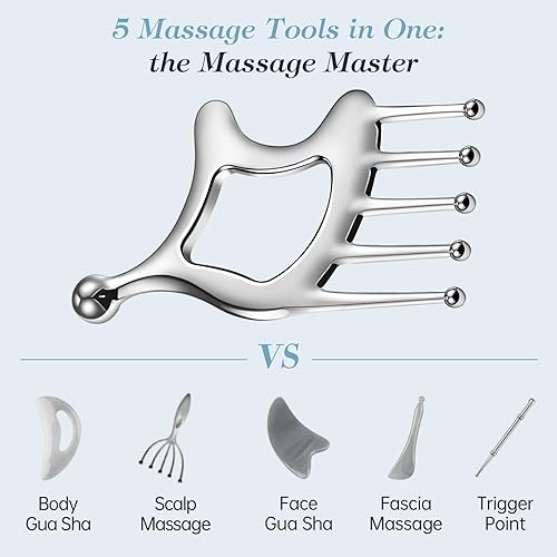 Miniatura 2 de Herramientas faciales de metal Gua Sha, herramienta portátil de masaje del cuero cabelludo, peine de masaje 5 en 1 para cabeza, cuello, hombros,