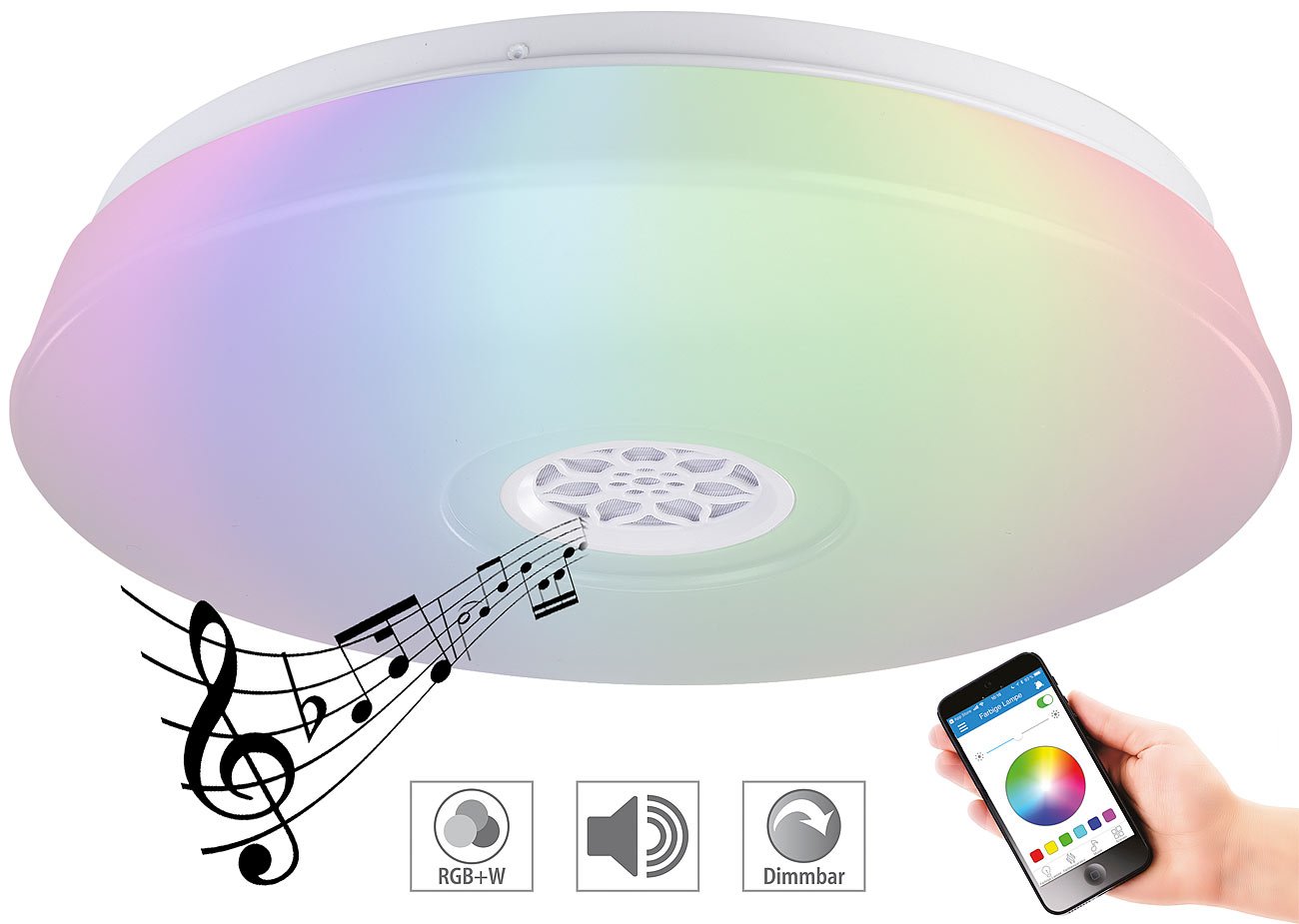 RGBW-LED-Deckenleuchte con altoparlante Bluetooth 4.0, sveglia luminosa, 1500 lm, 24 W