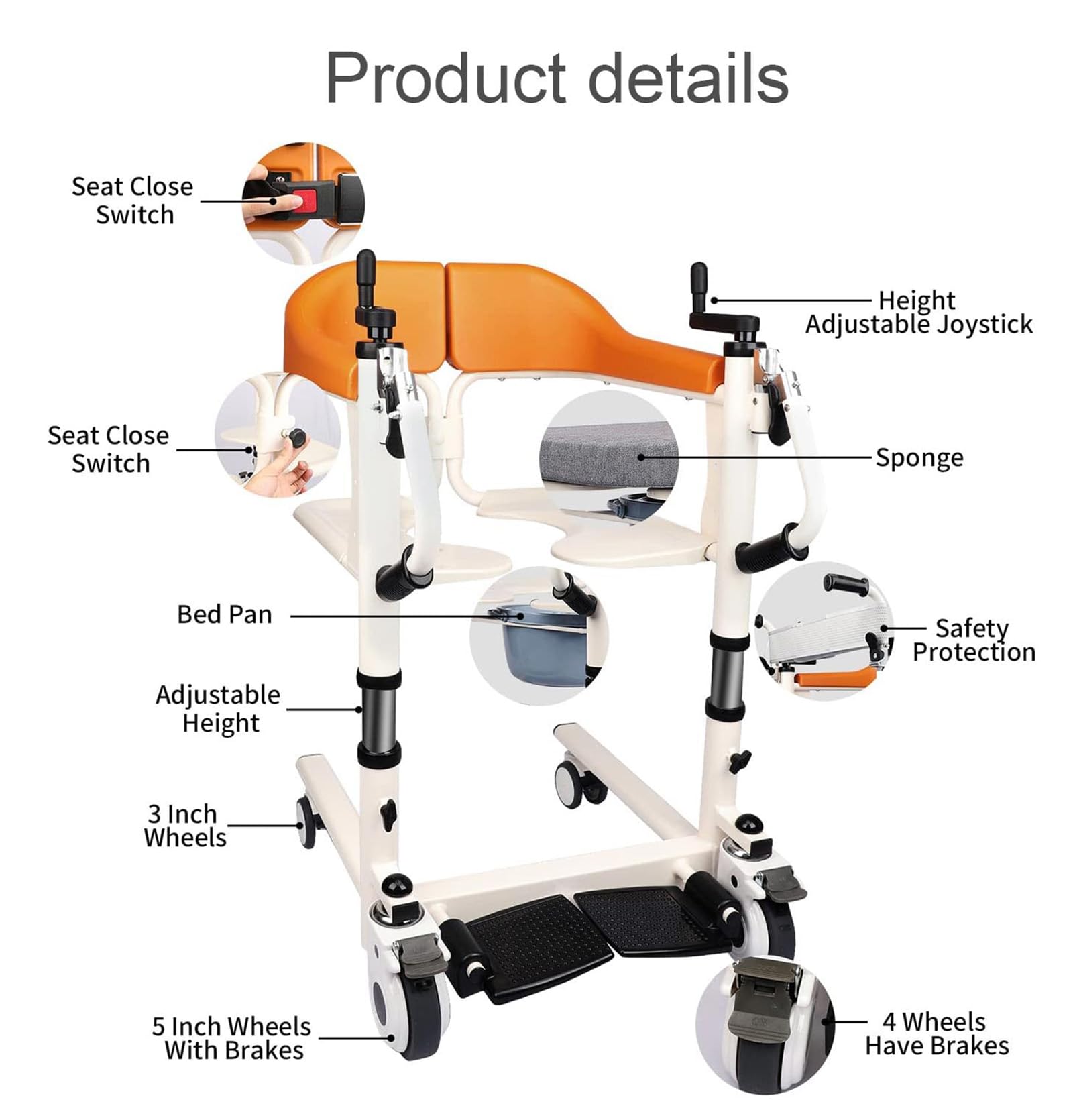 Generico Sedia da Trasferimento 5 in 1, Sedia a Rotelle, Comoda, Doccia e Deambulatore, Sedile Diviso a 180°, Telaio in Acciaio con Base ABS, Portata 200 kg