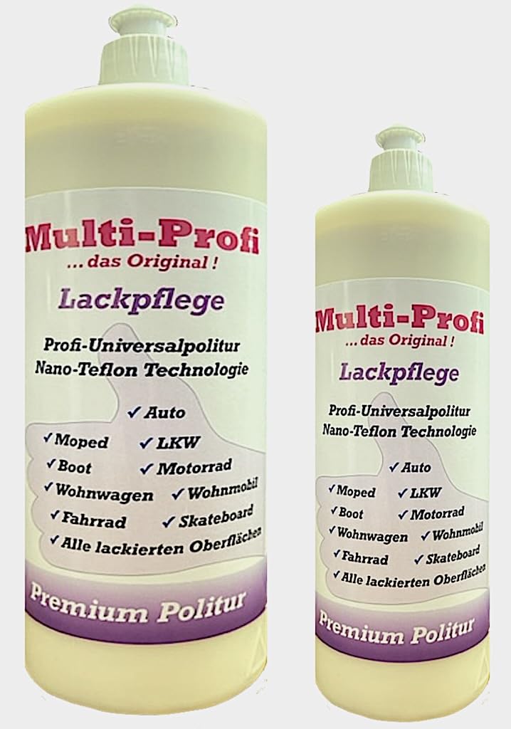 Multi-Profi Lackpflege ist eine Profi-Universalpolitur zur Versiegelung und Auffrischung aller Lackflächen. Die einzigartige Teflon-Nano-Technologie schützt vor saurem Regen und Schmutz ! 1 Liter