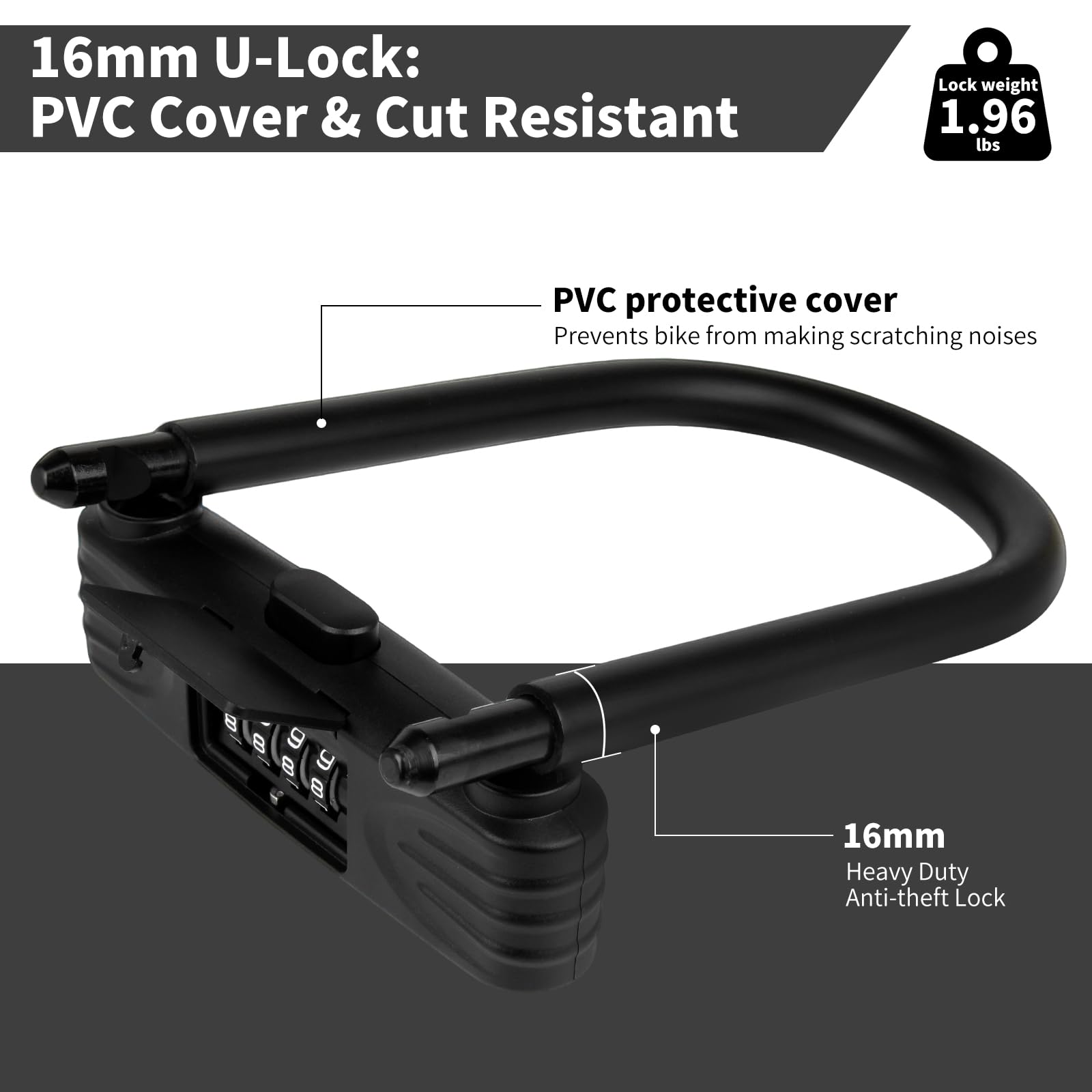 Lucchetto a U anti-taglio a 4 livelli, 16 mm, 4 cifre, resettabile, quadrante impermeabile e protezione in PVC per bicicletta, moto, e-bike, 0,9 kg