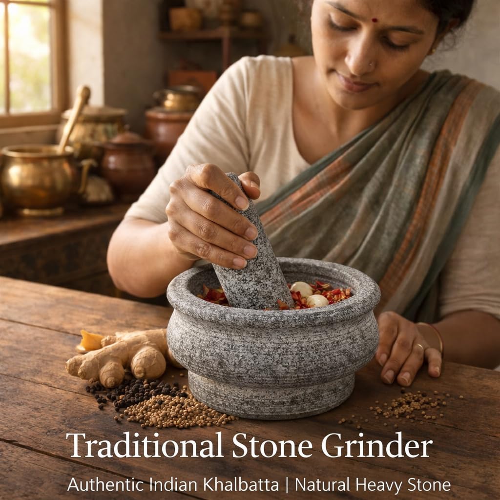 Nakshathra Stone Mortar and Pestle for Kitchen, Handcrafted Heavy Kharal Musal, Traditiaonal Grinder for Crushing Spices, Garlic, Ginger, Herbs, Ideal Khalbatta for Daily Use - Grey (5inch or 12.7cm) 2