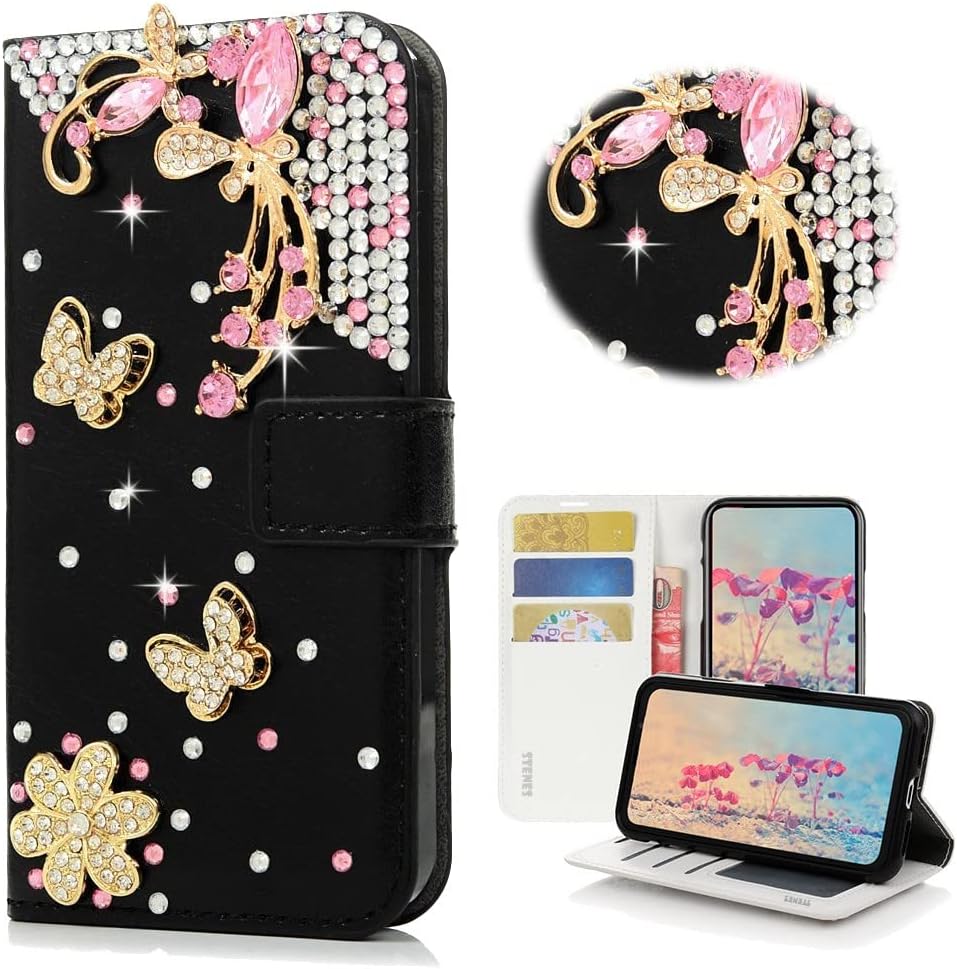 STENES Bling Wallet Phone Case Compatible with Samsung Galaxy A20 / A30 - Stylish - 3D Handmade Flowers Floral Design Leather Cover with Neck Strap Lanyard [3 Pack] - Black