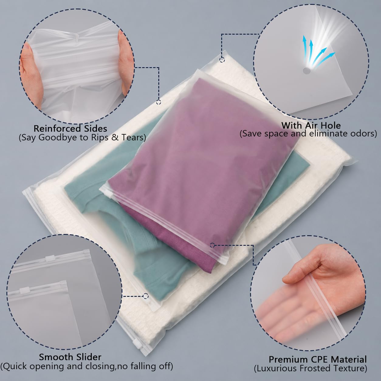 JinRuiKJ Confezione da 100 sacchetti per imballaggio vestiti per spedizione, 30,5 x 35,5 cm, con cerniera satinata, per riporre vestiti o piccole imprese, sacchetti in plastica spessa 3 mm con fori di