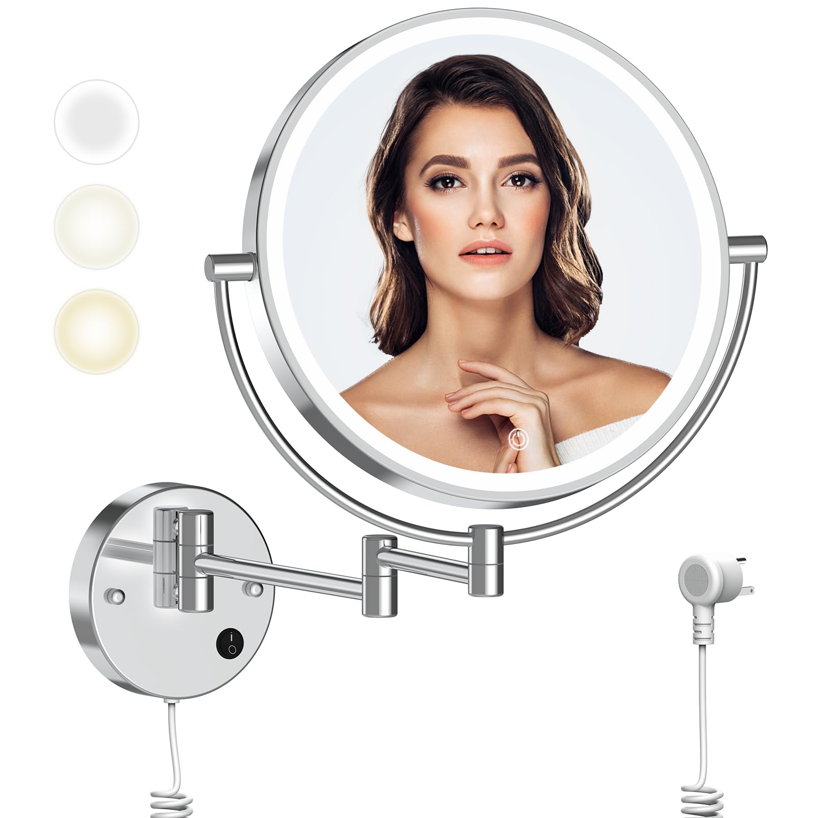 Rocollos 9" Plug-in Wall Mounted Lighted Makeup Mirror 1X/10X Magnification, Super Large Double Sided LED Vanity Mirror for Bathroom, 3 Color Dimmable