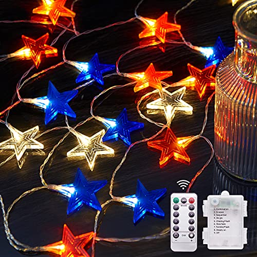 BlcTec 4th of July Decorations Red White and Blue Lights with 15FT 30 LED Big Stars Patriotic Lights, Battery Operated Fourth of July Lights with Waterproof 8 Modes for Outdoor Indoor July 4th Décor