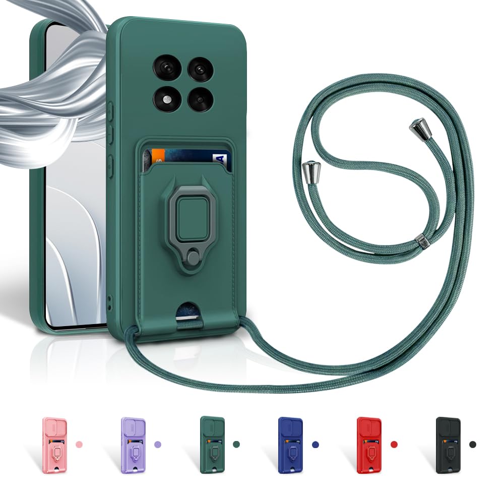 Funda con Cuerda para Xiaomi Redmi Note 14 Pro 5G / Poco X7 5G Case con Ranura para Tarjetas,360 Anillo función de Soporte Cubierta -Verde