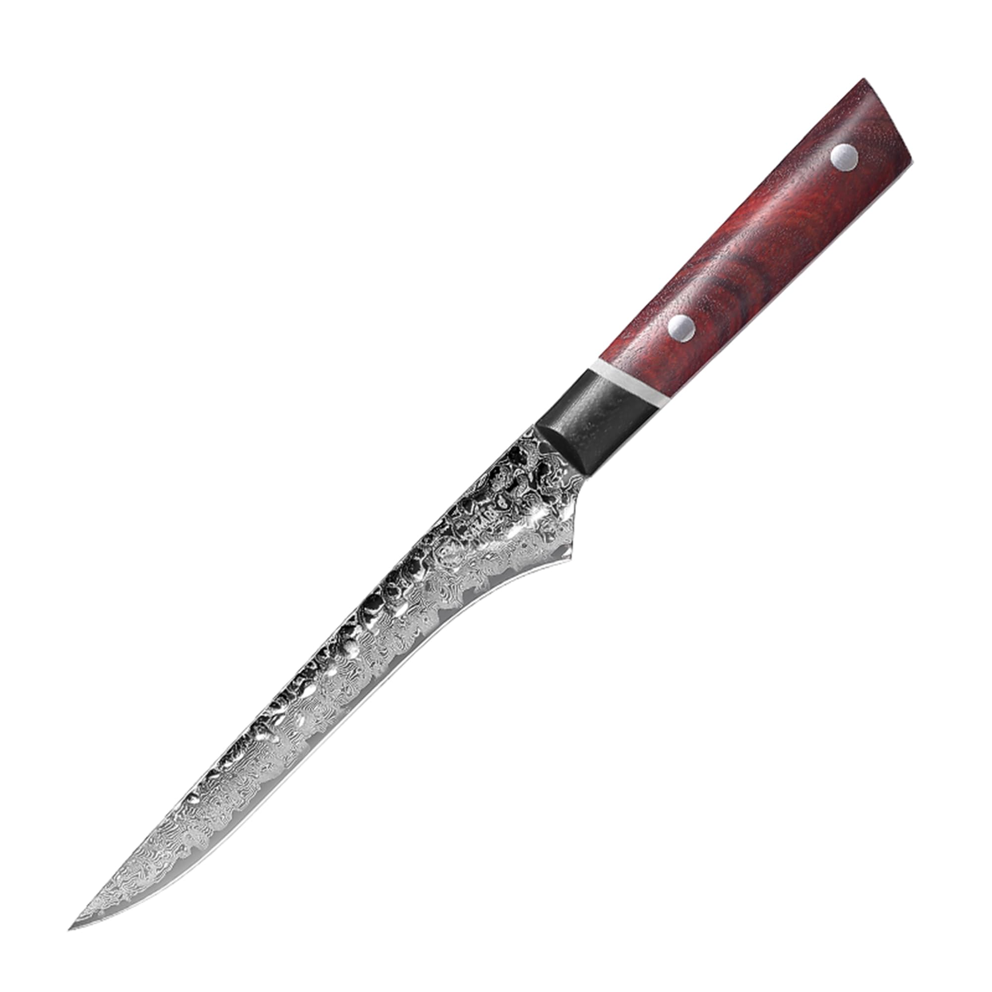 MITSUMOTO SAKARI Cuchillo Japonés para Deshuesar, 14,6 cm Cuchillo Flexible | Cuchillos Cocina de Acero Damasco S440C en Polvo, para Deshuesar Aves, Mango Madera de Sangre y G10, Caja Regalo Sándalo