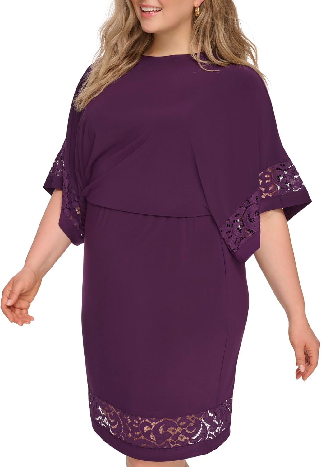 Jessica Howard Womens Lace Trim Knit Mini Dress – Boat Neck Elbow Sleeve Desk to Dinner - Image 2