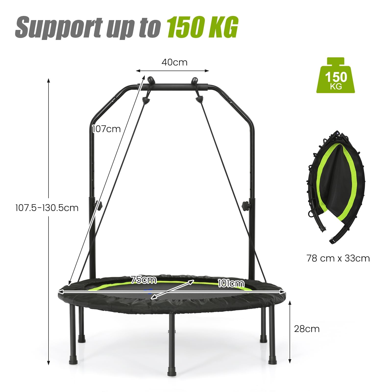 LIFEZEAL Faltbares Fitnesstrampolin Ø101cm, Springer mit Sicherheitsstange & 2 Widerstandsbänder, Trampolin für Erwachsene & Kinder mit verstellbaren Höhe, Belastung 150 kg