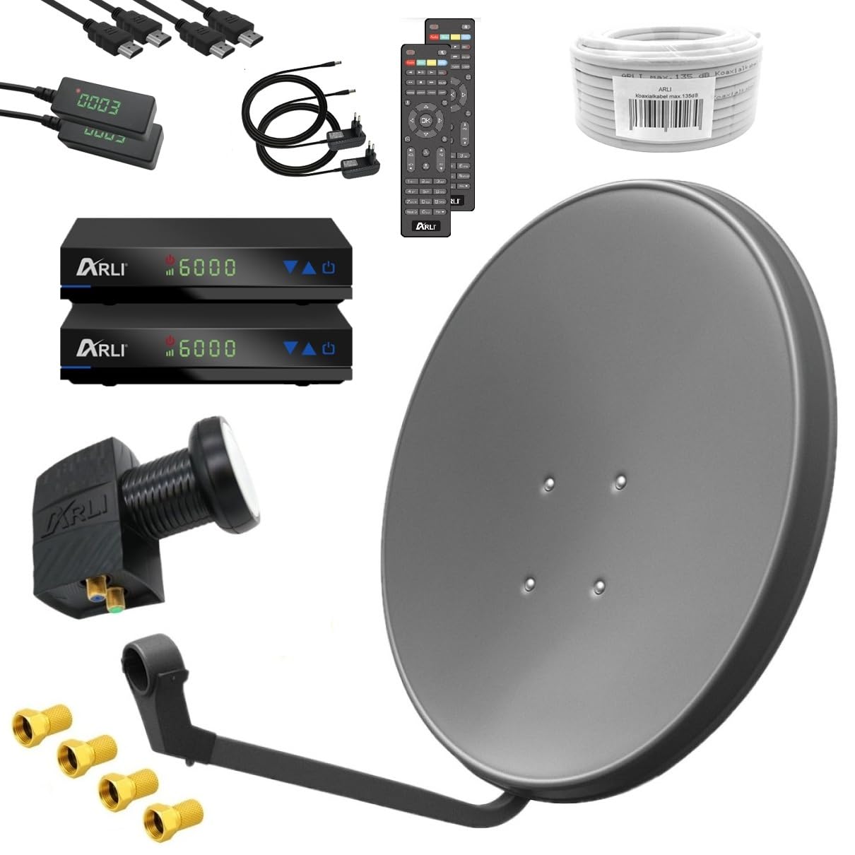 ARLI Impianto satellitare digitale HD, 60 cm, colore grigio/antracite, set completo per 2 partecipanti, con 2 ricevitori DVB-S2 + Twin LNB + cavo coassiale da 50 m + 4 X spina F parabola satellitare