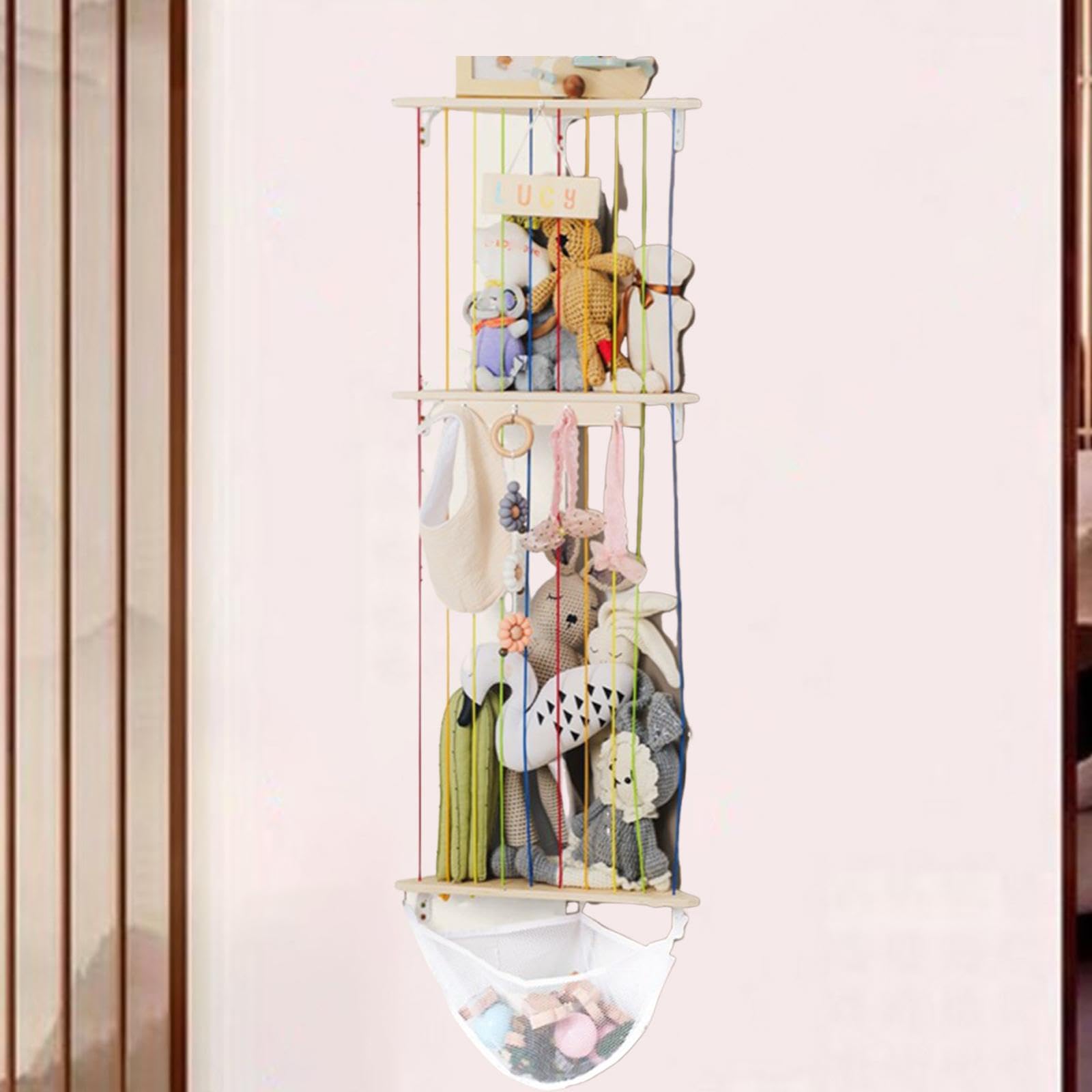 Qianly Wood Wall Corner Plush Toys Holder with Storage Net DIY Assembled Double Layers for Living Room Multipurpose Practical