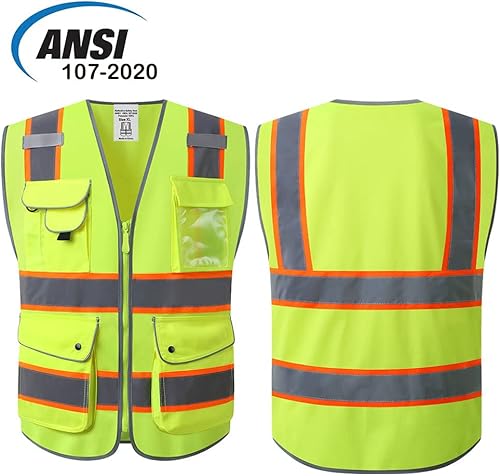 Miniatura 3 de Chaleco de seguridad reflectante para hombres y mujeres, con 9 bolsillos y cremallera frontal, chaleco de trabajo de alta visibilidad, chaleco de