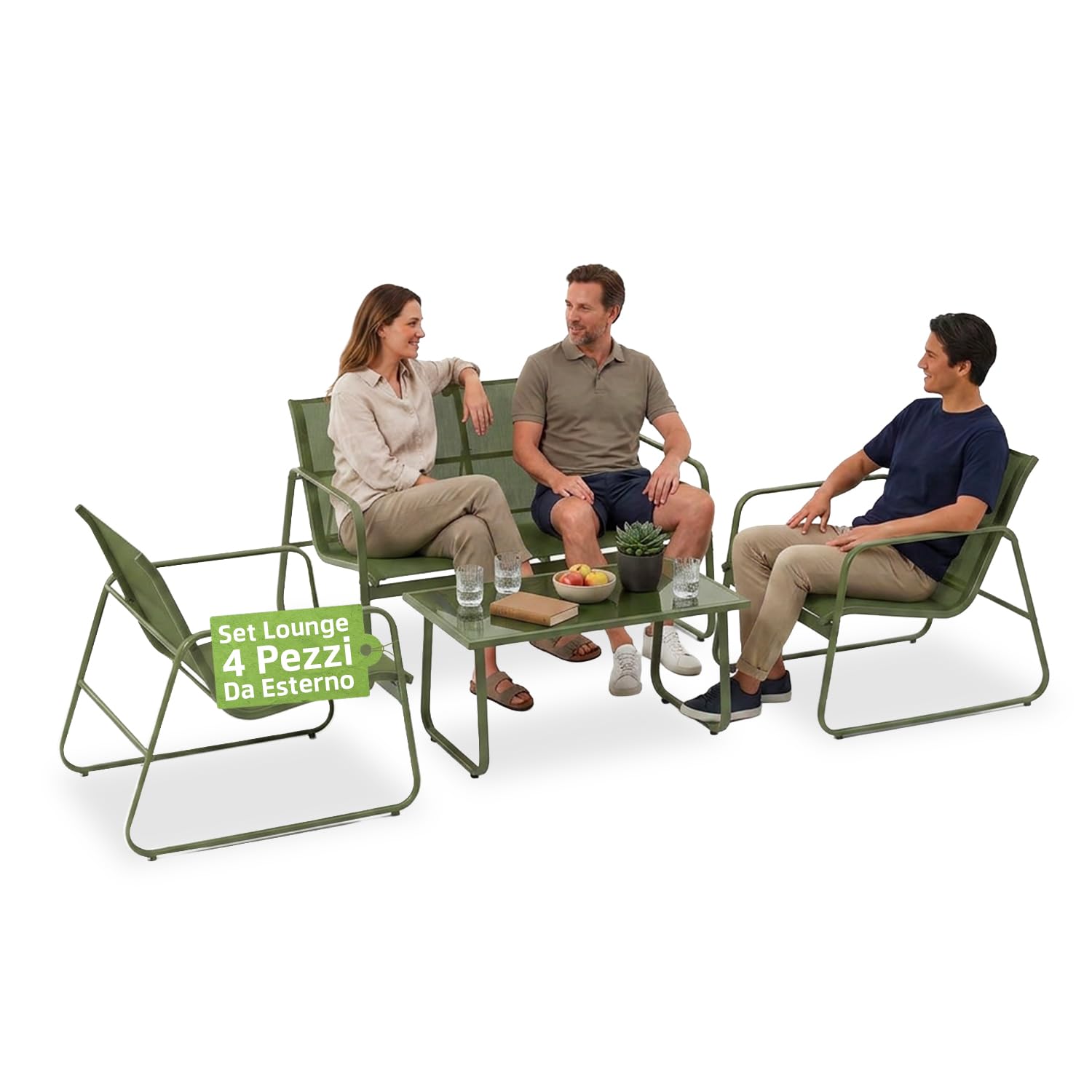Avilia - Set da Giardino Esterno 4 Pezzi – Divanetto, 2 Sedie e Tavolino Esterno, Struttura Ferro, Seduta Texilene | Set Divano Giardino con Piedini Regolabili, Portata 240/120/60 kg (Khaki)