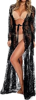 BUTTZO Women Sexy Long Lace Dress Sheer Gown See Through Lingerie Kimono Robe Swimsuit Cover Up