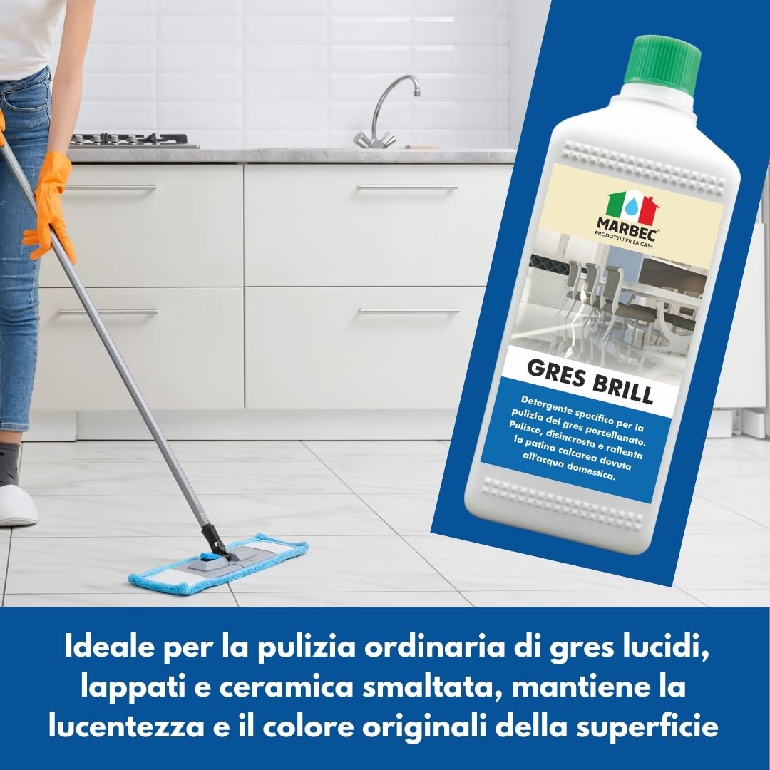 MARBEC GRES BRILL 1LT Detergente specifico per la pulizia del gres porcellanato. Pulisce, disincrosta e rallenta la patina calcarea dovuta all'acqua domestica.
