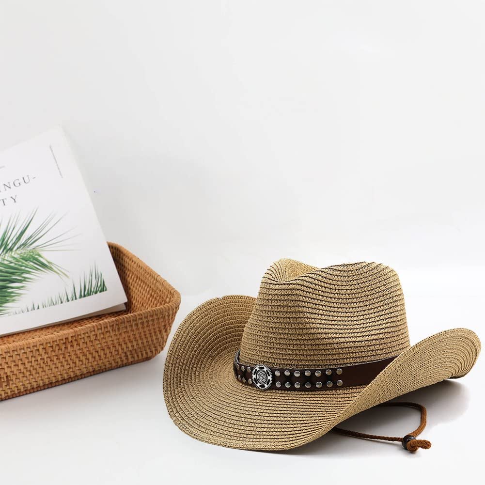 Wudaizhi Papel Natural Western Cowboy Hat Ancho Mujeres Men Summer Beach Sombreros De Paja Panamá Panama Jazz Sun Gorra