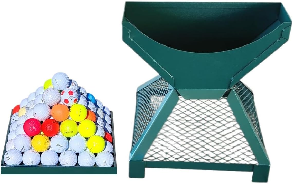 Golf Ball Pyramid Stacker and Tray (Set), Large Capacity 141 Balls, Color Green, Material Steel, Heavy Duty, (Balls not Included).