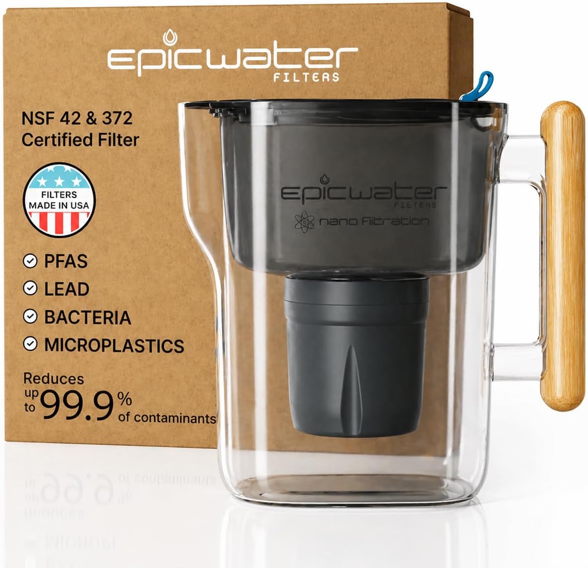 Epic Nano XP | Water Filter Pitchers for Drinking Water | 10 Cup | 150 Gallon Filter | Gravity Water Filter (Black & Bamboo)